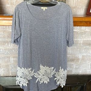 Kori America, short sleeve shirt,lace crochet detail, grey, S, rayon